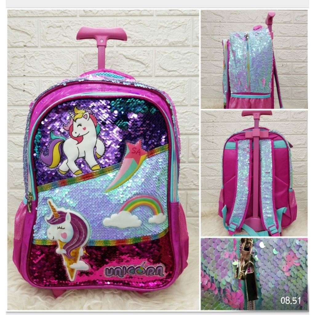 Tas Sekolah Troli Anak SD dan TK Tas Trolley Sequin Motif Unicorn dan LOL Tas Koper Dorong Anak Perempuan