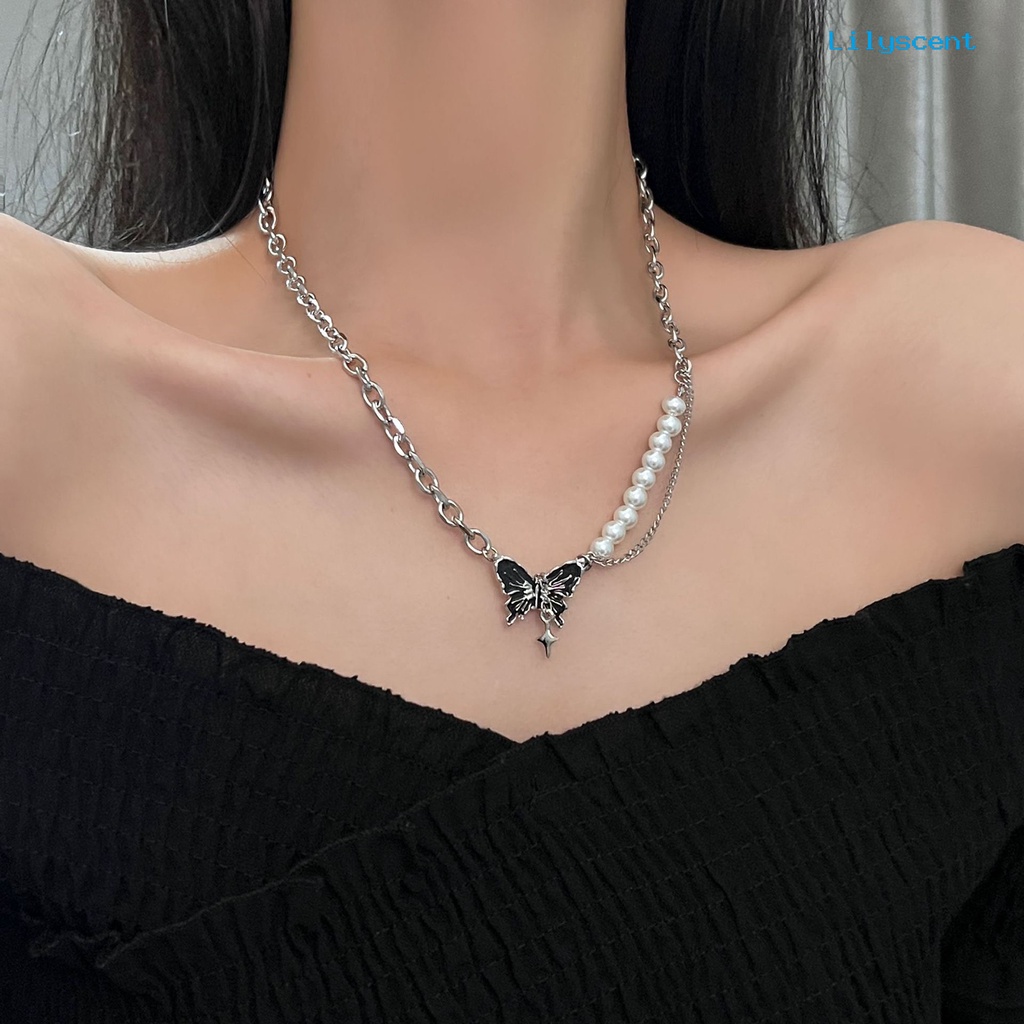 [LS]Wanita Kalung Manis Keren Asimetris Berkilau Tinggi Mutiara Imitasi Rantai Link Hadiah Kupu-Kupu Hitam Liontin Kalung Fashion Perhiasan