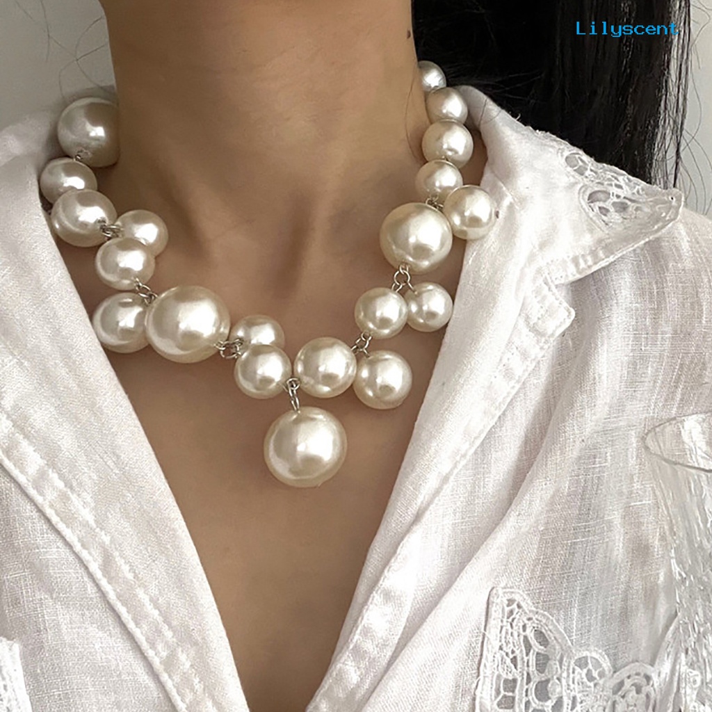 [LS]Wanita Kalung Berlebihan Manik-Manik Tidak Teratur Elegan Ekstensi Rantai Tinggi Gloss Mutiara Imitasi Klavikula Kalung Fashion Perhiasan