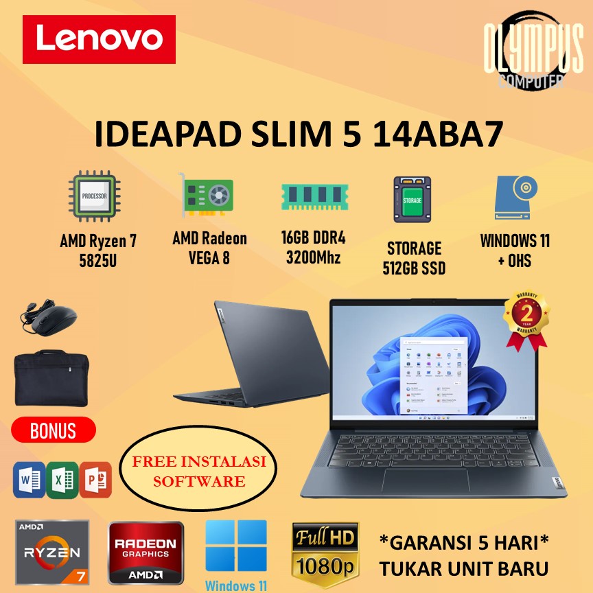 Laptop Lenovo Ideapad Slim 5 14 Ryzen 7 5825U 16GB 512SSD VEGA8 W11OHS 14FHD IPS