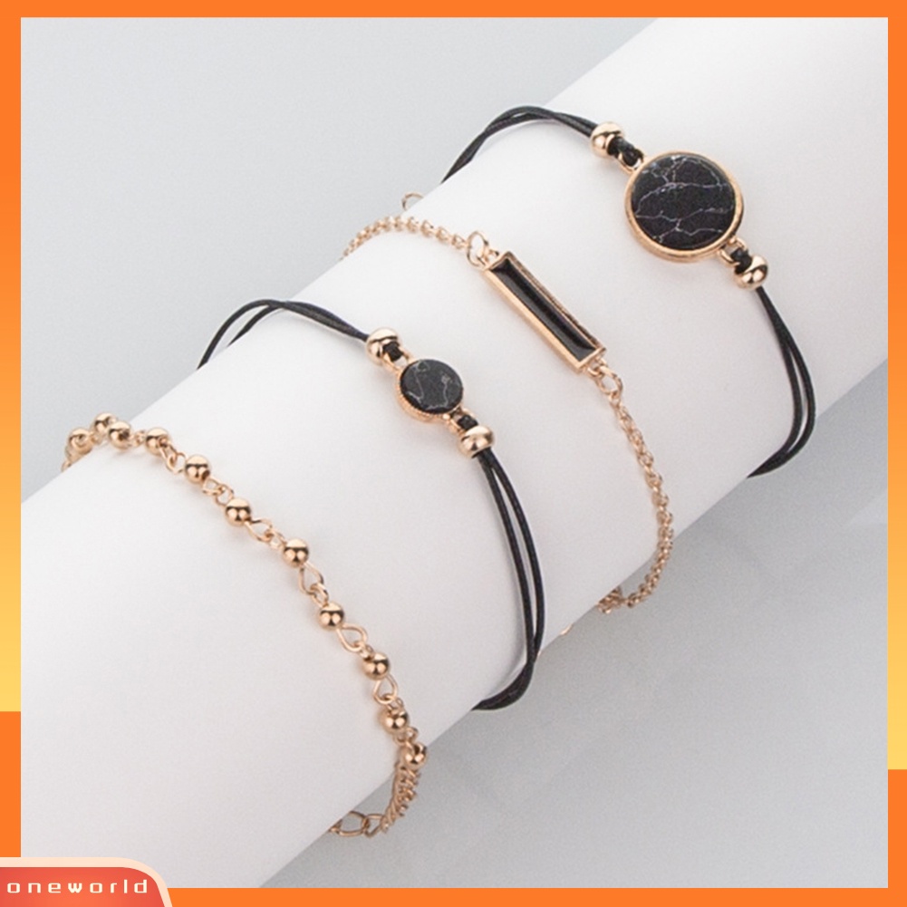 [WONE] 4pcs/set Wanita Bohemian Bulat Bar Batu Pesona Gelang Tali Rantai Bangle Perhiasan