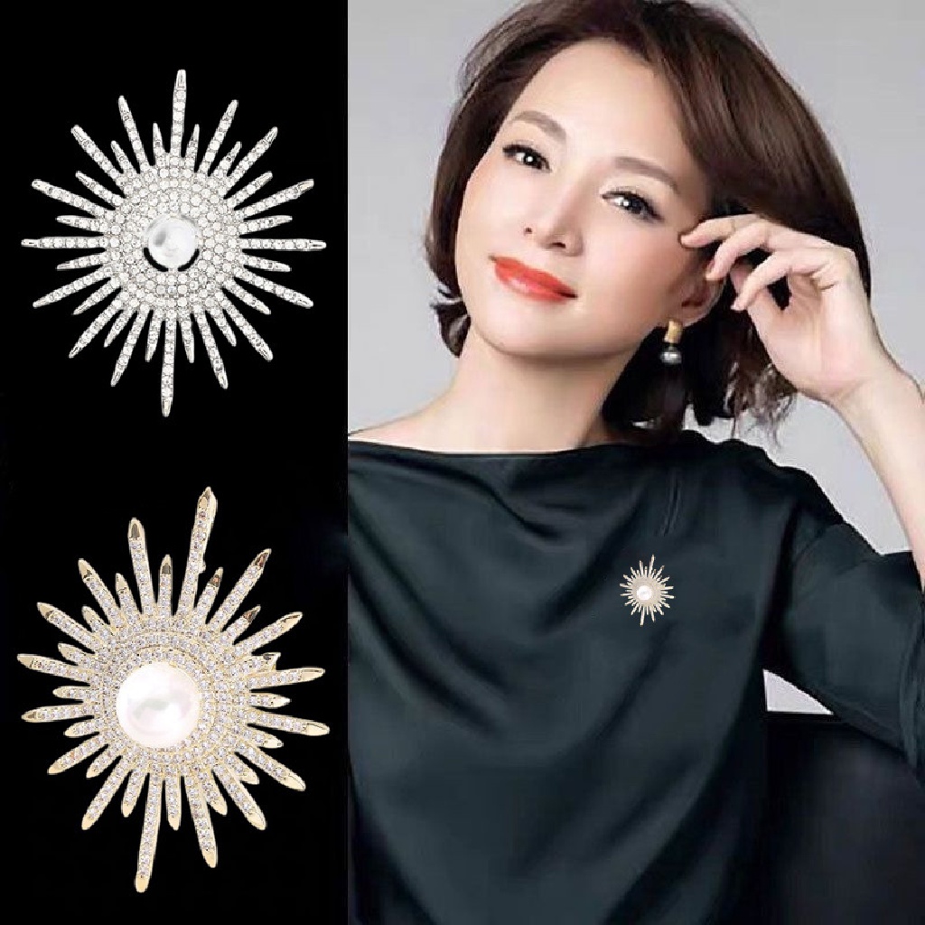 Hbid Fashion Elegan Mutiara Berlian Imitasi Matahari Bunga Bros Untuk Wanita Coat Lapel Brooch Pin Aksesoris Glory