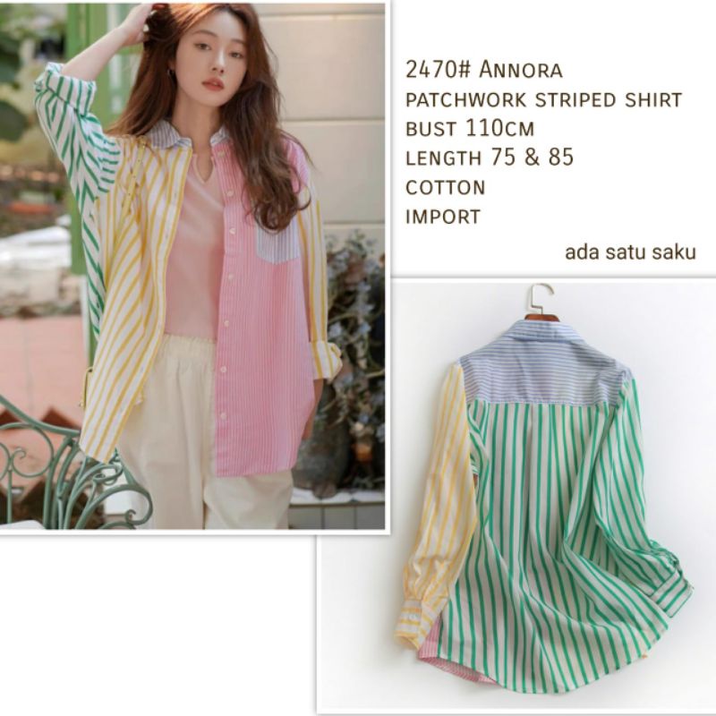 MDLV ~ 2470# Annora Patchwork Striped Shirt Kemeja Salur Import