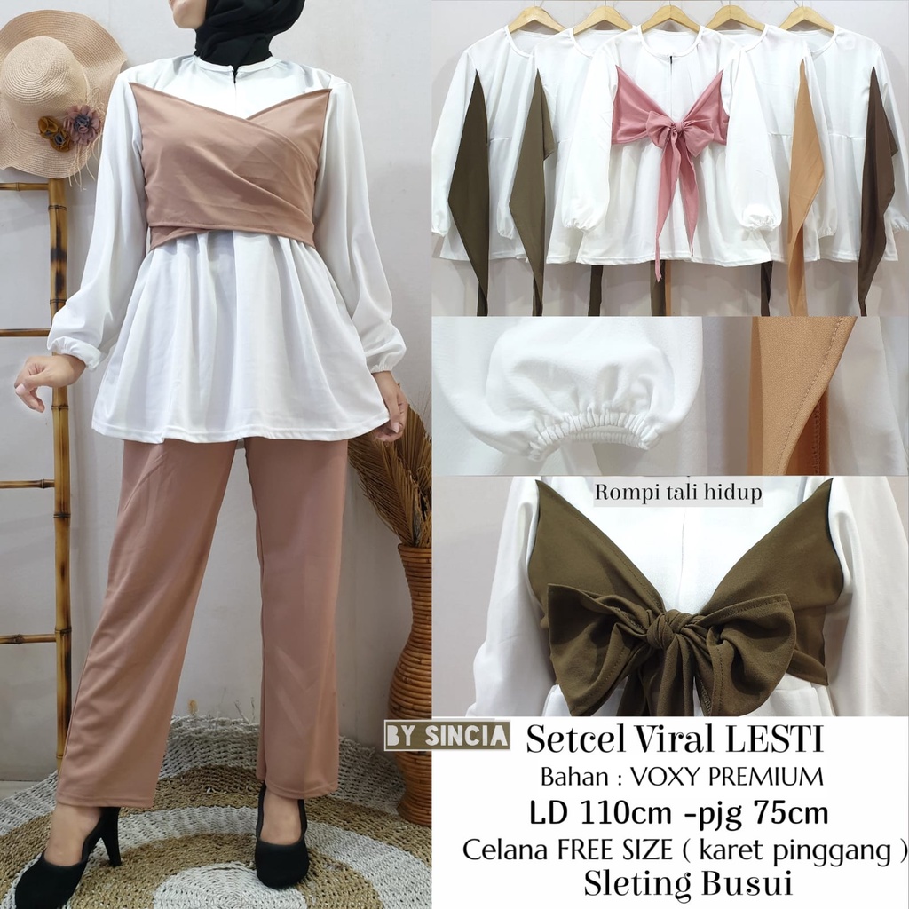 Setelan tunik busui viral LESTI rompi + celana bersaku bahan voxy premium merk sincia