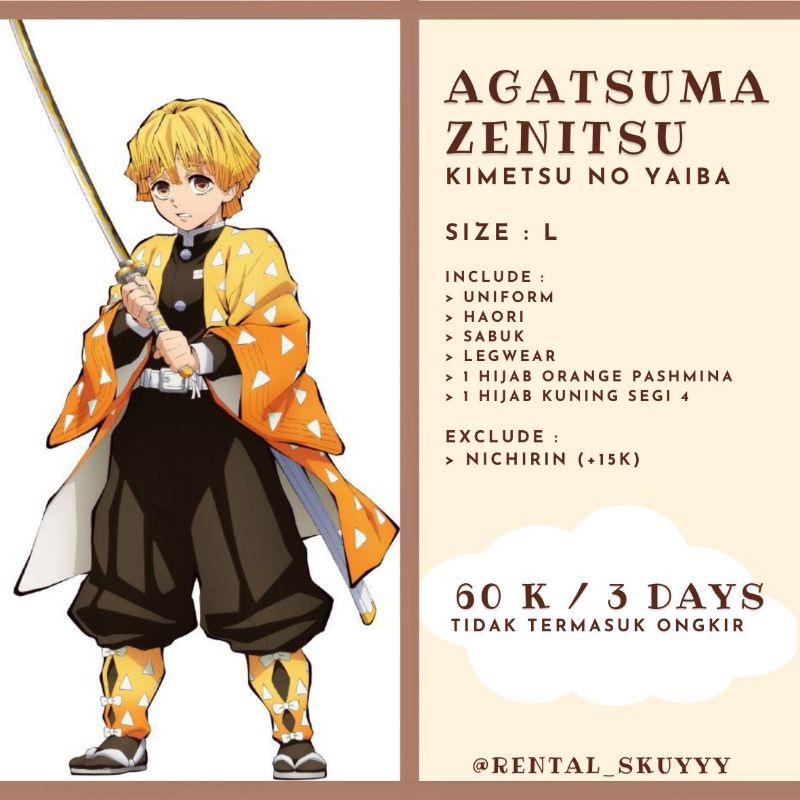 Rental Costume Cosplay Zenitsu Agatsuma Kimetsunoyaiba