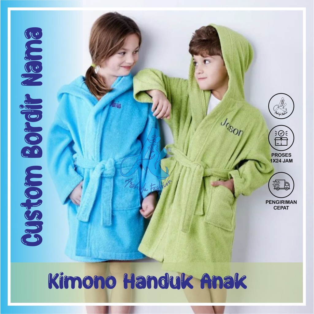 Kimono Handuk Anak Tebal Polos Ada Kupluknya Usia 2-15 Tahun Gratis Tambah Nama Anak