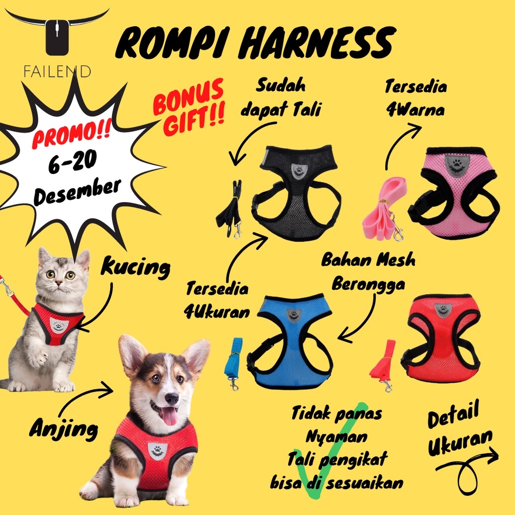 Rompi Harness Kucing Anjing + Tali Tuntun Murah Ukuran S M L XL Aneka Warna