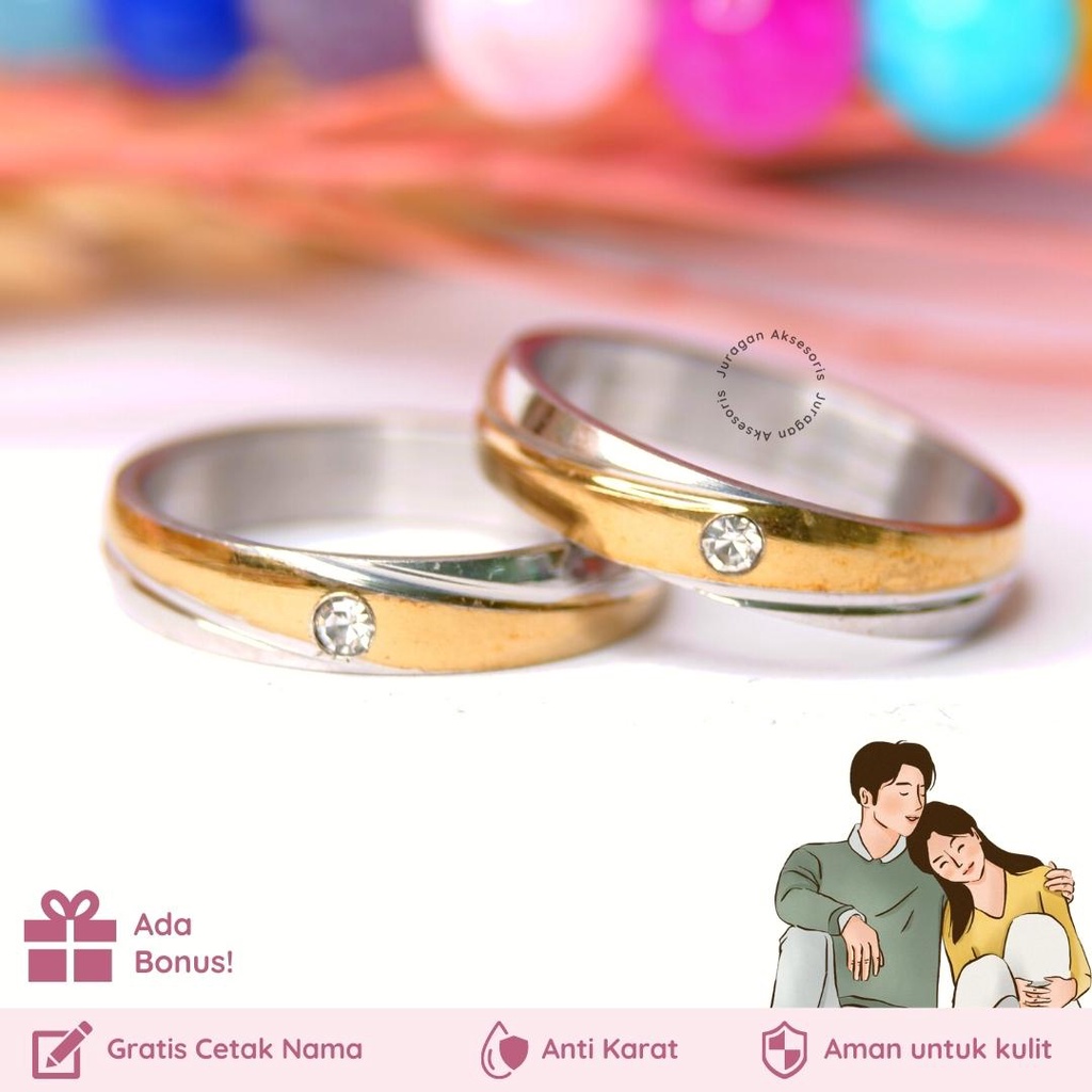 [GRATIS CETAK NAMA] Cincin Couple Romantis Ailoviu Titanium Anti Karat M49 Hadiah Tunangan Pasangan Pria Wanita Perak Platinum Paladium Emas Putih Silver Gold