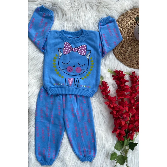 setelan sweater anak perempuan lucu murah motif cat love 3 bulan- 5 tahun S,M,L