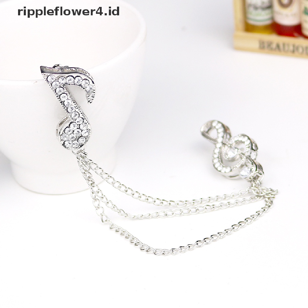 {rippleflower4.id} Kristal Rumbai Rantai Musik Catatan Bros Kerah Pin Unisex Lencana Bros Perhiasan~