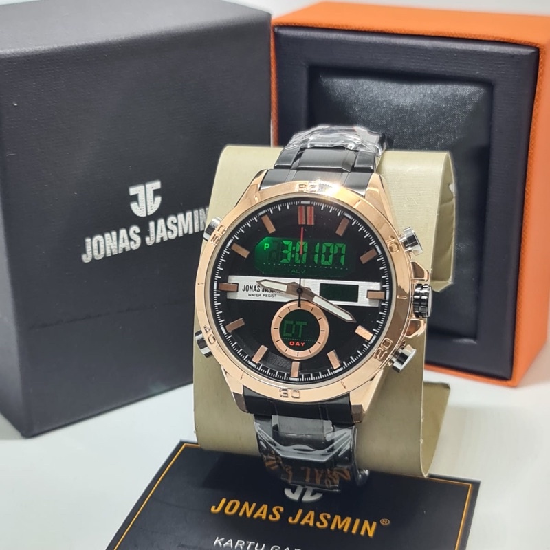 Jonas Jasmine Jam Tangan Pria / Cowok Original Rantai Dualtime ( Analog & Digital ) Free Box