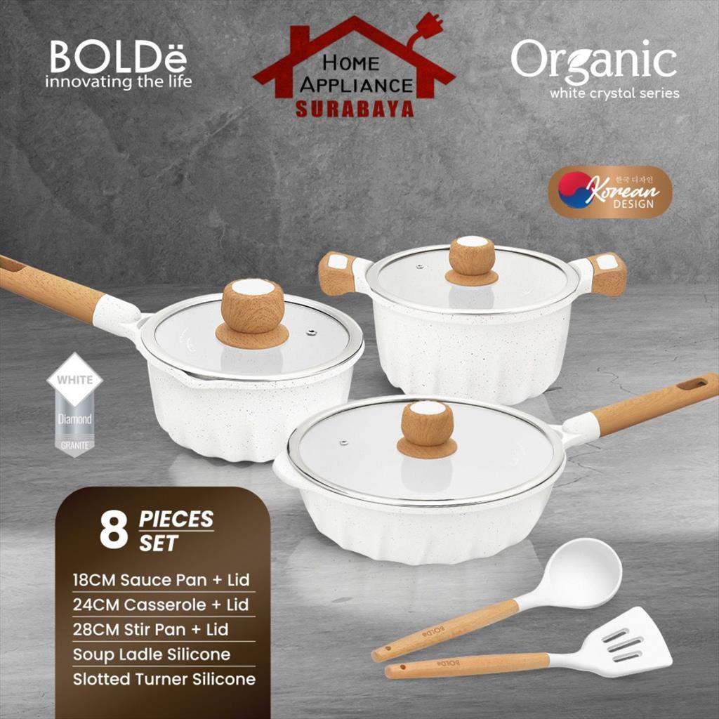 BOLDe Organic White Crystal Series Granite Cookware Set 8 PCS - Panci Wajan Frypan Set Anti Lengket + Spatula Silikon