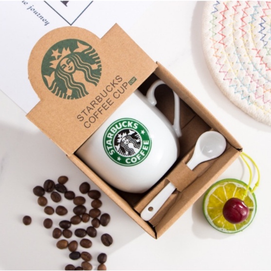 Gelas Cangkir Mug Keramik STARBUCKS Set Sendok 250ml