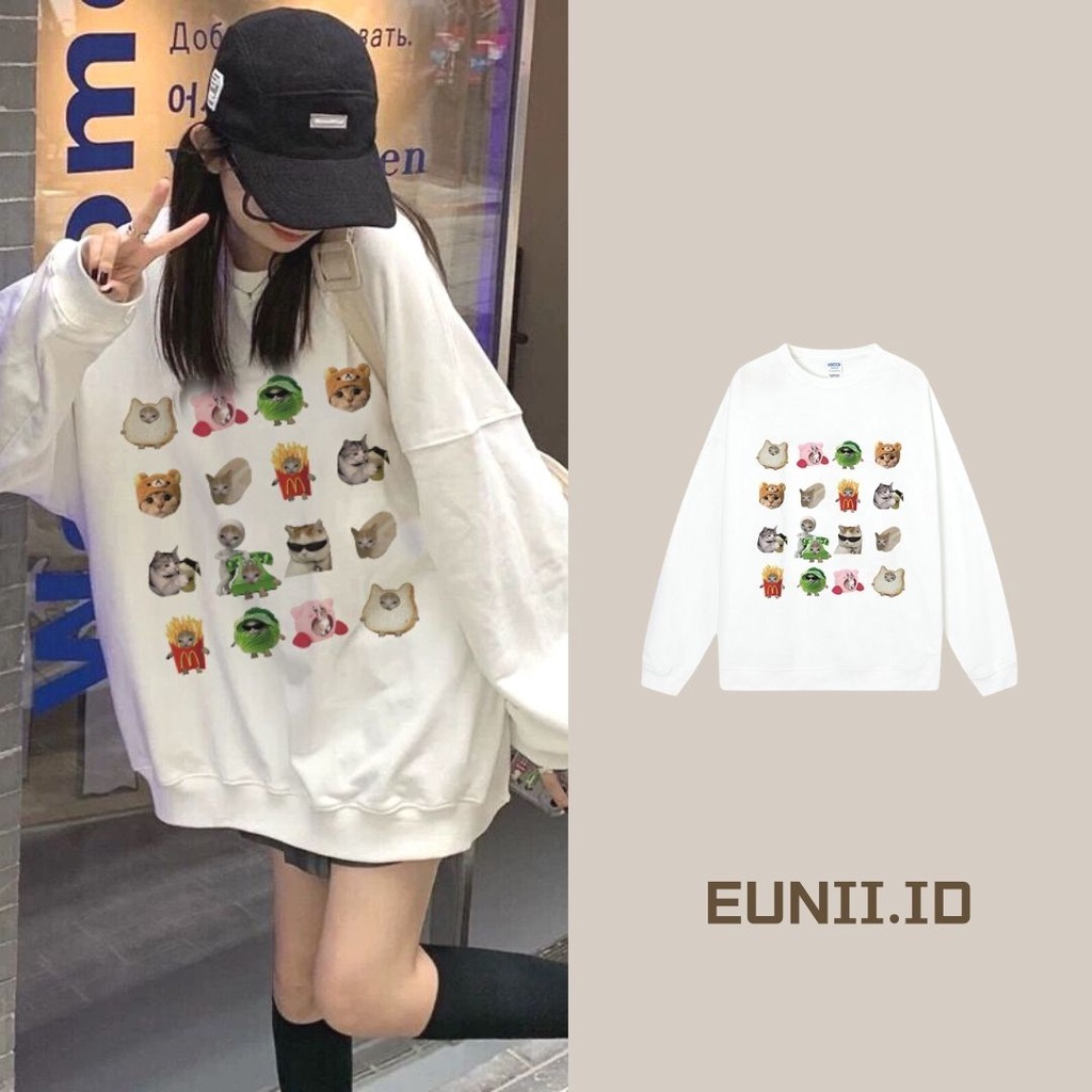 EUNII Sweater Lengan Panjang Cartoon Cat Bread Korean Style/Hoodie Oversize/Baju Wanita/Switer Wanita