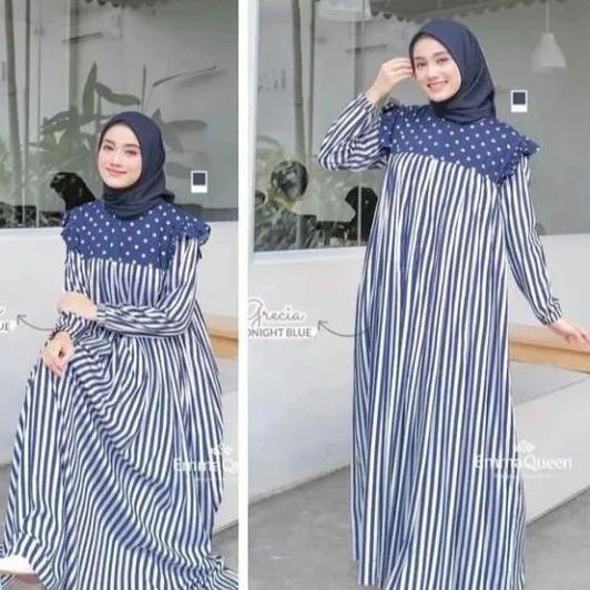 New Gresia Dress / Gamis Cewek Dewasa Kekinian Bahan Katun Premium Motif Salur Dan Polkadot / Fashio
