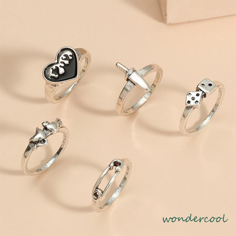 Domingo Ring Alloy peniti dadu love pedang retro silver cincin wanita fashion korea 5 set-Won