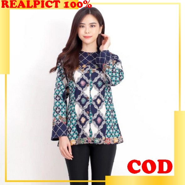 Blouse H*M Kerah Tinggi Motif Bunga Biru Putih Kecil Baju Batik Wanita Blouse Batik Tradisional Keme