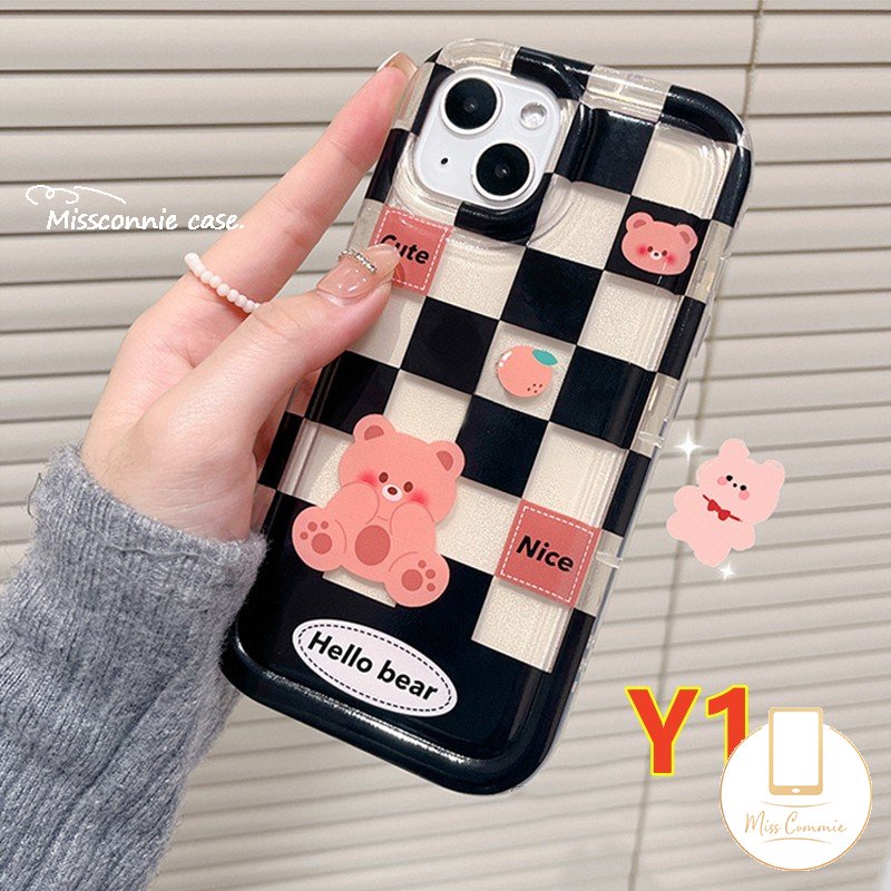 Casing Couple Case Kompatibel Untuk iPhone 7Plus 8Plus XR 11 14 13 12 Pro MAX 7 8 6 6S Plus X XS MAX Kotak-Kotak Beruang Lucu Kelinci Shockproof Airbag Soft TPU Lovers Phone Case