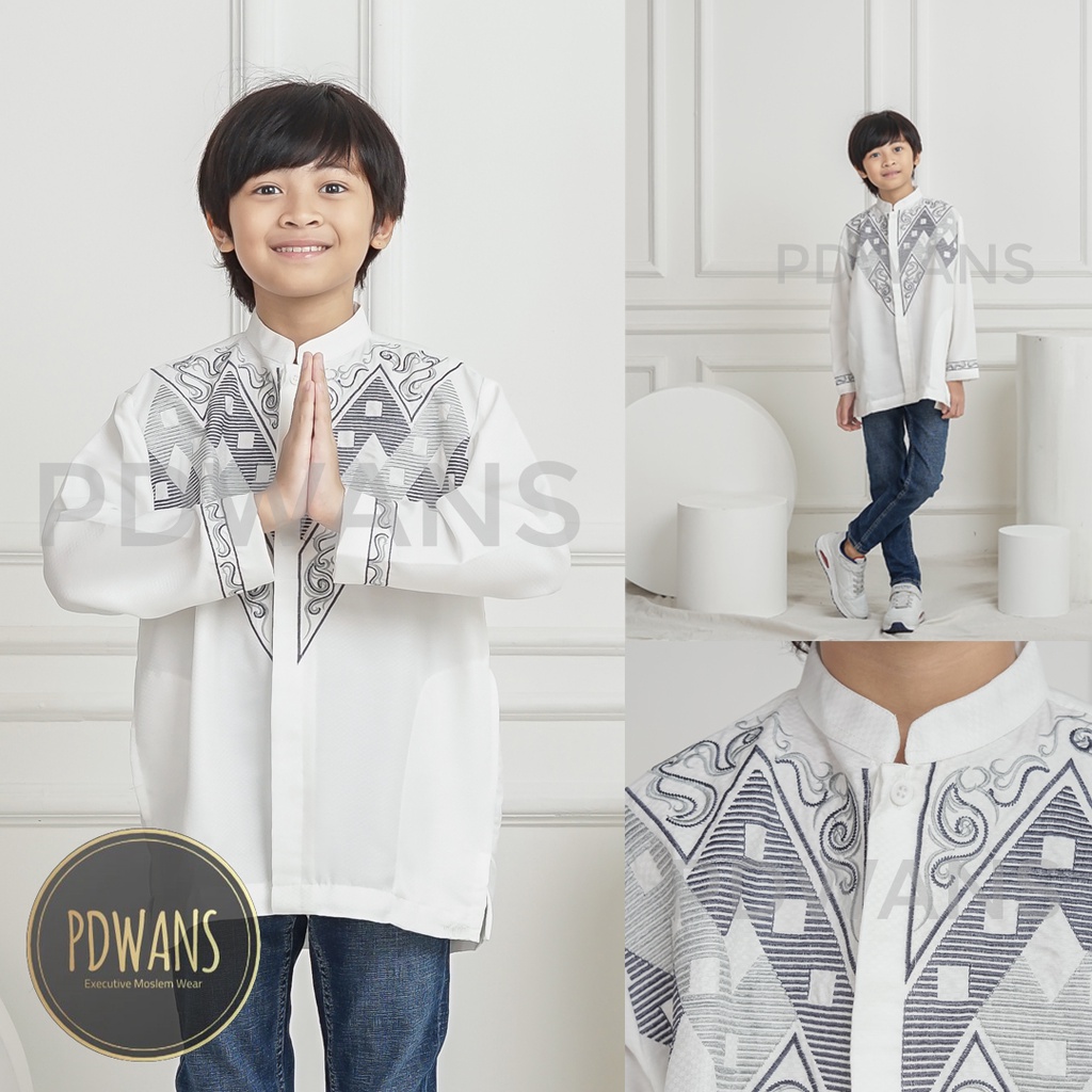 Baju Koko Poli Katun Anak Remaja Tanggung Lengan Panjang Putih Kemeja Koko Muslim Bordir PDWANS - ALSPJG21TGG