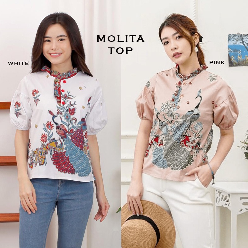 Evercloth Molita Atasan Batik Wanita Blouse Batik Perempuan Model Lengan Puff Baju Batik Cewek Katun Stretch Premium Batik Couple Family Set Sarimbit Burung Hong Merah Putih