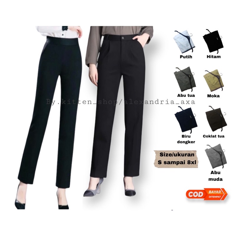 Celana kantor formal kerja wanita slimfit bahan dasar kain pinggang kancing dan pinggang karet