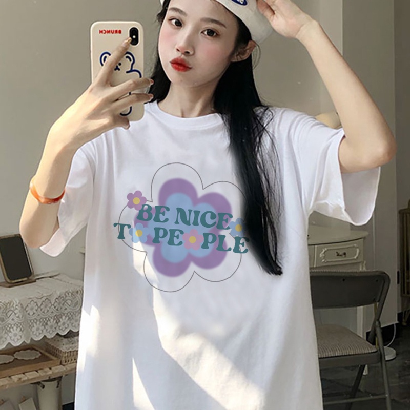 [3 Warna]Print T-shirt Kaos Lengan Pendek Cute Purple Flowers Atasan Wanita Korean Style