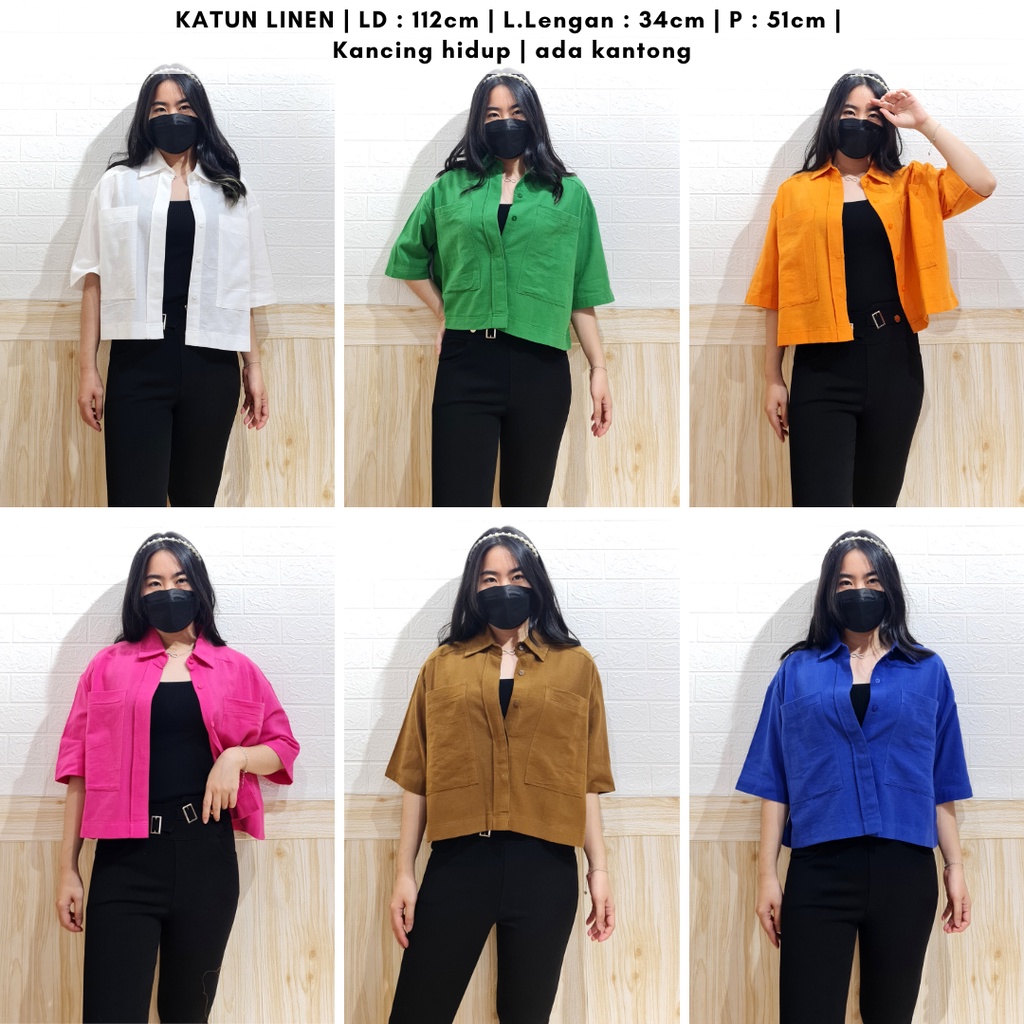 4664 faity button pocket collar linen shirt polos kemeja oversize crop kemeja kerja