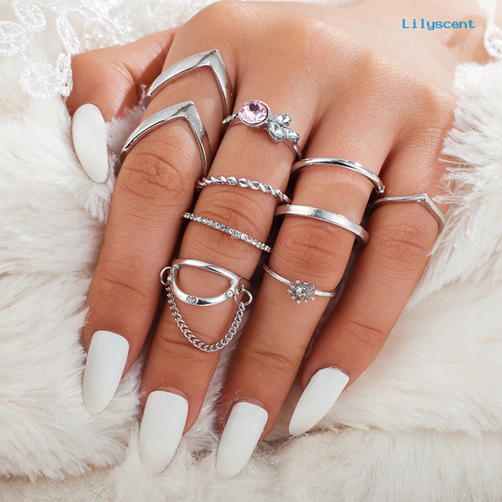 [LS]7/9Pcs Fashion Wanita Bintang Bulan Segitiga Geometris Jari Cincin Set Perhiasan Hadiah