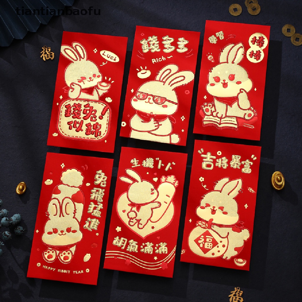 [tiantianbaofu] 6 Pcs Kartun Anak Hadiah Uang Packing Tas Amplop Merah Festival Musim Semi Hongbao 2023persediaan Festival Tahun Kelinci Cina Butik