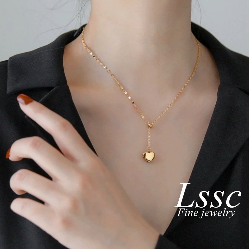 Kalung Titanium Serut Hati Rumbai Panjang Emas 18K Cantik Aksesoris Wanita Fashion Korea