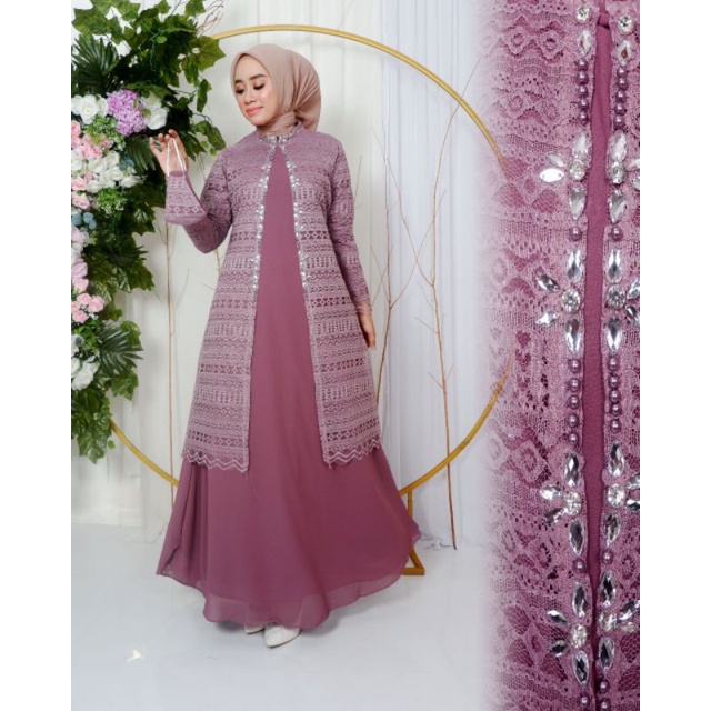 Permata Olshop / Kebaya Gamis Modern Cardigan Brukat NK / Gamis Pesta Mewah / Kebaya Gamis Kekinian / Gamis Brukat Kondangan / Brukat Payet Modern