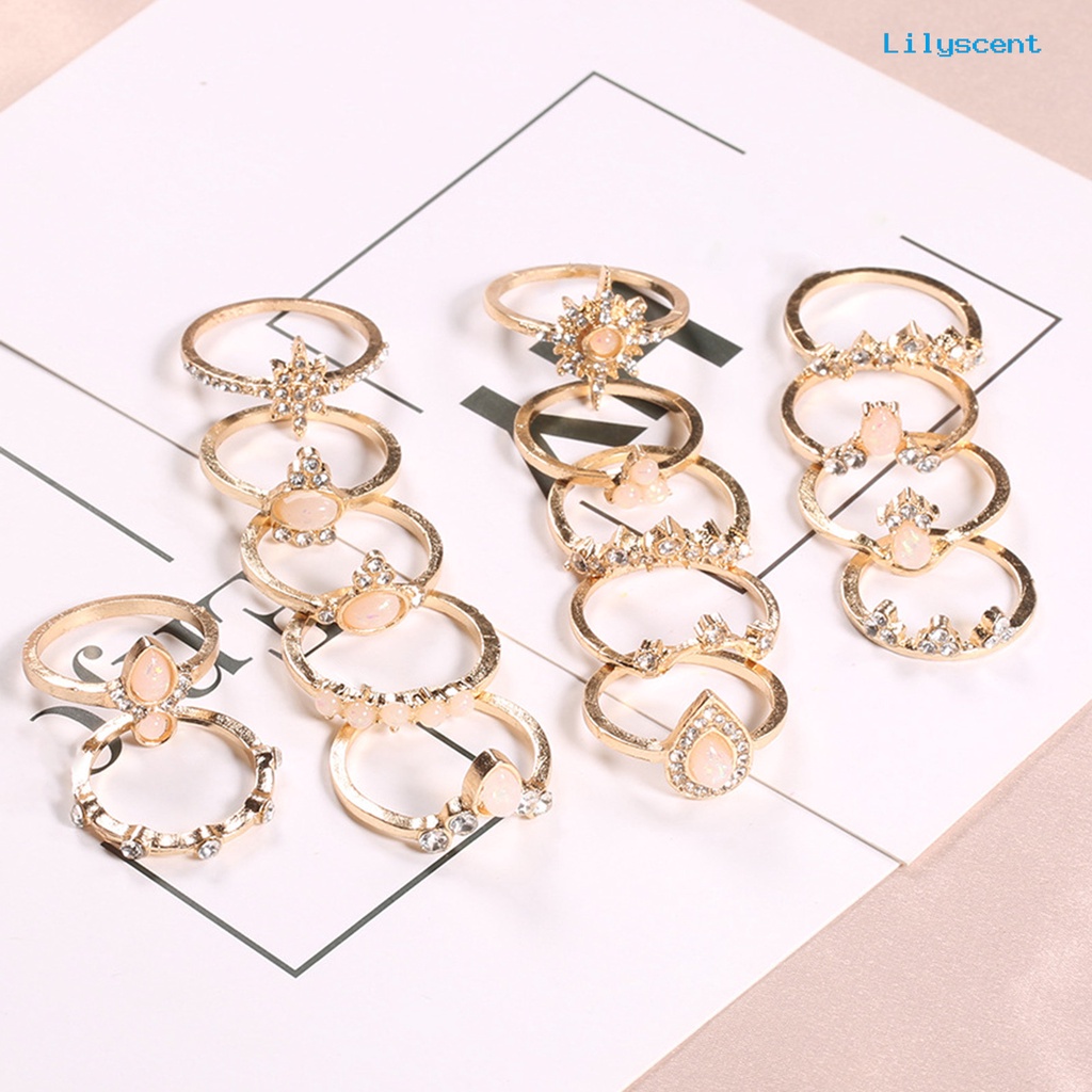 [LS]16Pcs /Set Mahkota Bentuk Berlian Imitasi Knuckle Rings Alloy Bohemia Stackable Finger Rings Perhiasan Aksesori