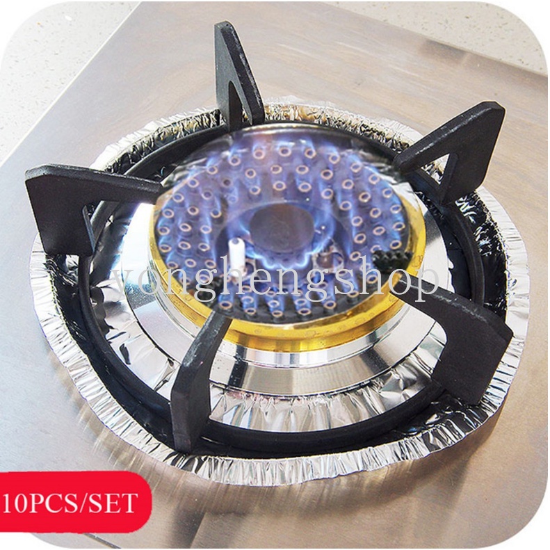 10pcs/set Aluminium Timah Foil Alas Kompor Gas Tahan Suhu Tinggi Oil Proof Kertas Kompor Burner Liner Dapur Tatakan Kompor Gas Tutup Kompor Dapat Digunakan Kembali