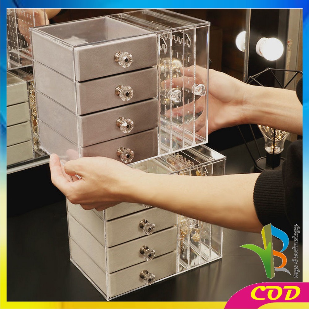 RB-K136 Kotak Perhiasan Tingkat 4 Laci Rak Acrylic Organizer Anting Cincin Anti Debu / Tempat Penyimpanan Aksesoris Kalung Wanita Rak Kosmetik Multifungsi