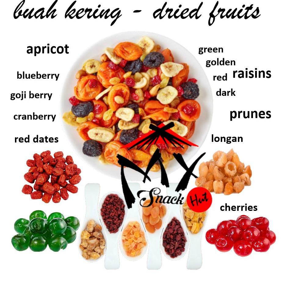 

➱ BUAH KERING - DRIED FRUITS BLACK GREEN RAISIN KISMIS APRICOT CRANBERRY PLUMS BLUEBERRY PRUNES IMPORT む