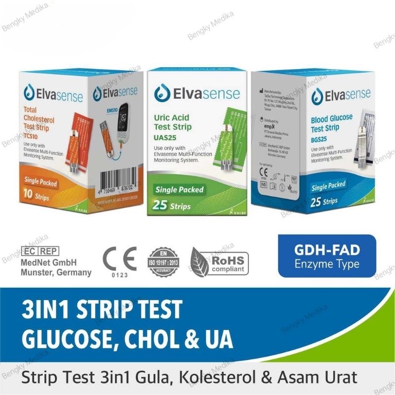 Elvasense Strip Cholestrol/Glucose/Uric Acid-Strip Alat Cek 3In1 Elvasense