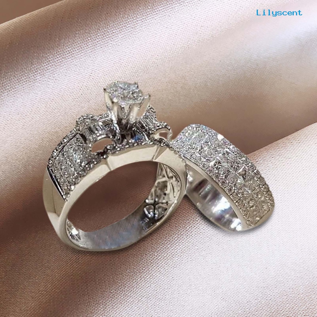 [LS]2Pcs/Set Lebar Sederhana Cincin Pasangan Paduan Bertatahkan Berlian Imitasi Bersinar Pernikahan Band Perhiasan Fashion