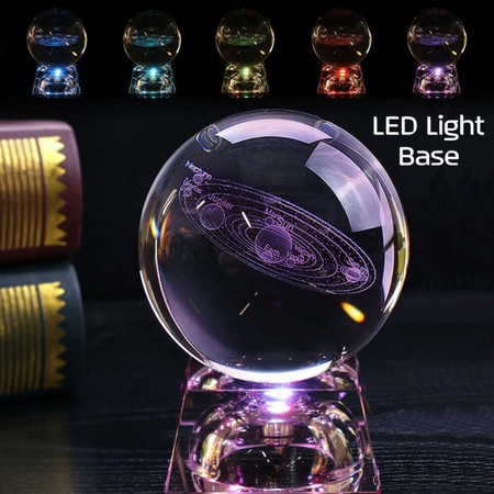 3D Clear Glass Laser Engrave Solar System Crystal Ball Led Metal Base