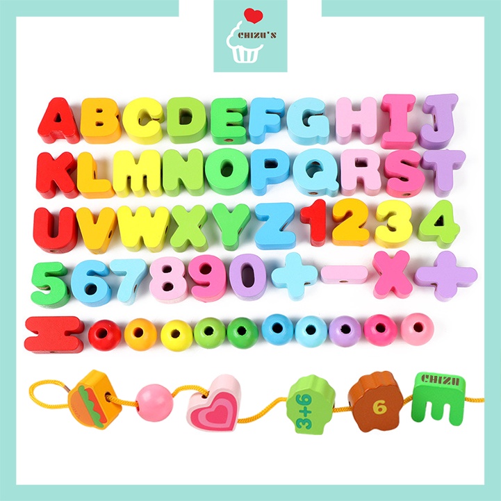 Mainan Meronce Balok Kayu Angka Huruf | 3D Threading Beads Toy | Motorik Halus Montessori Toys | Edukasi Edukatif Anak Balita Bayi | Blok Besar Lacing Blocks