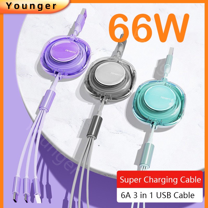 3in1 66W Kabel USB Pengisian Super 6A Kabel Pengisian Cepat Untuk Tipe C i-phone Android Kabel Data Micro USB Charger