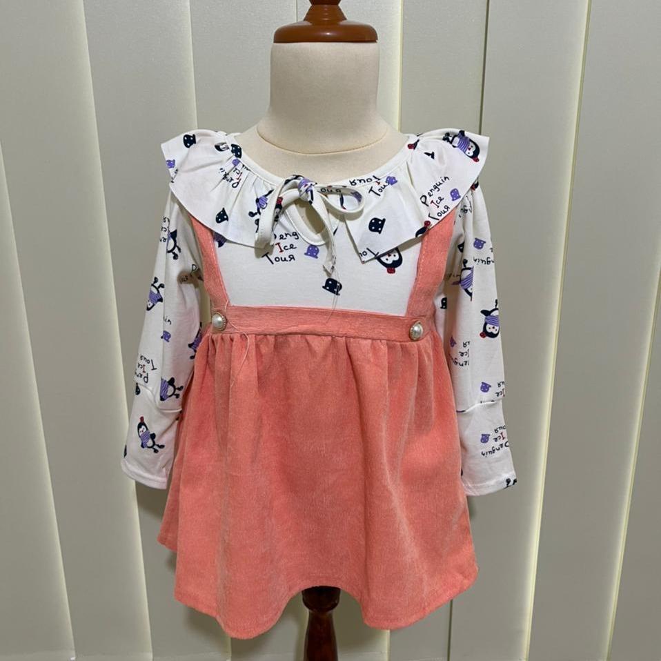 KFCAT Dress Gaun Rok Lengan Panjang Anak Perempuan Katun Motif Penguin Renda Imut Korean Style 6BULAN-3TAHUN