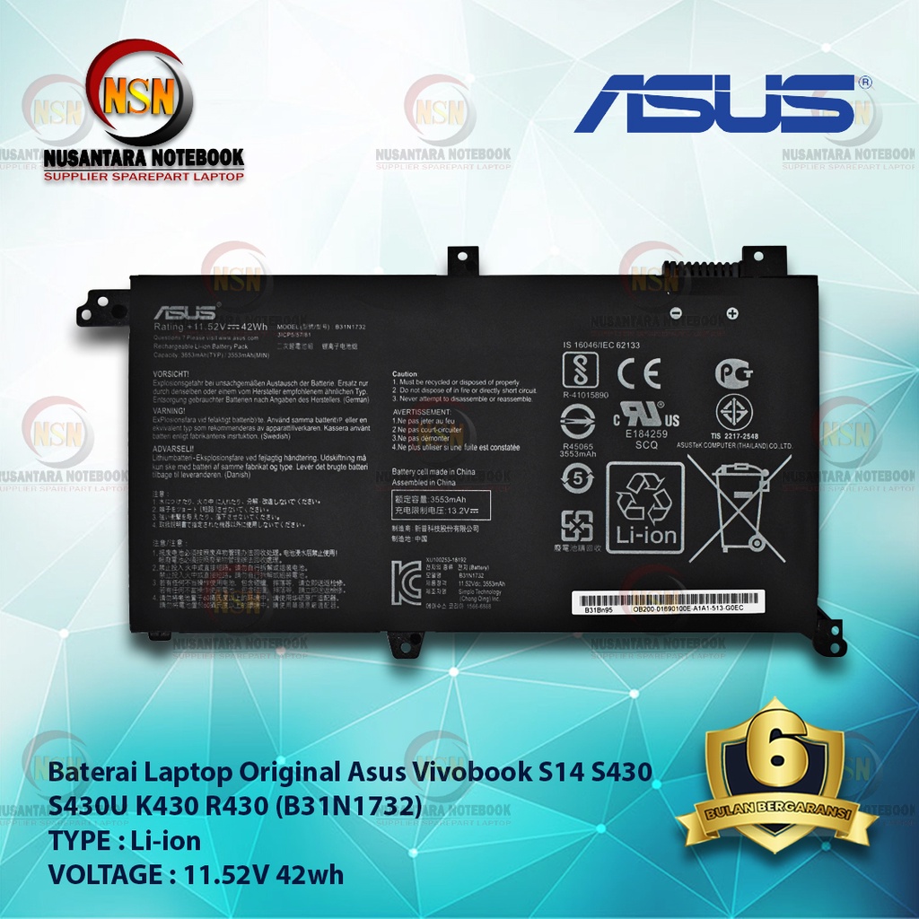 Baterai Original Asus Vivobook S14 S430 S430U (B31N1732) 11.52V 42Wh