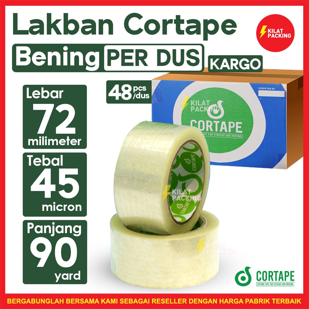 

Lakban bening 3" inch 90 yard Cortape opp tape 72mm Murah DUS