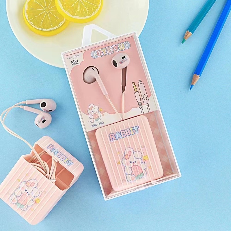 [ KI 380 ] Set Headset Earphone karakter seri RABBIT BEAR / + Wadah penyimpanan Earphone Motif in ear