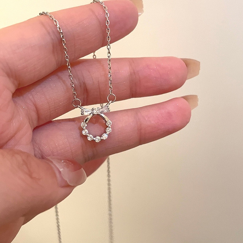 Papaozhu Chic Glossy Perak Zirkon Busur Karangan Bunga Liontin Kalung Untuk Wanita Gadis Elegan Garland Tulang Selangka Rantai Kalung Fashion Perhiasan Hadiah
