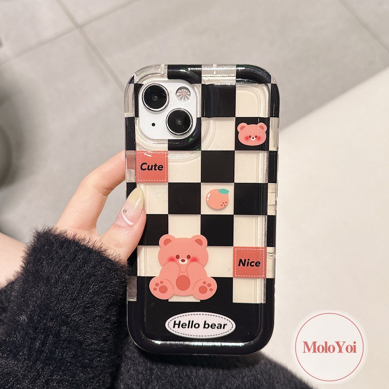 IPHONE Casing Pasangan Kotak-Kotak Case Kompatibel Untuk Iphone11 14 13 12 Pro MAX 7Plus 8Plus XR 78 6 6S Plus X XS MAX Beruang Lucu Kelinci Shockproof Airbag Lembut TPU Lovers Phone Case