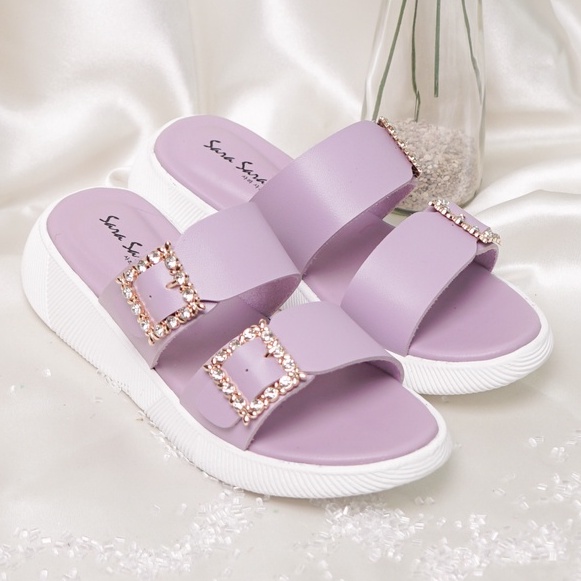 SARASARA YUK - Sandal Wanita Slop Casual Model Birken Sol Puyuh SARA SARA JOA ALL COLOR Sendal Cewek Kulit Santai Strap Gesper dua Empuk Size 36 37 38 39 40 Warna Lilac Ungu Selop Anti Slip Premium Original Terbaru Shoes ORI Mall Official Store