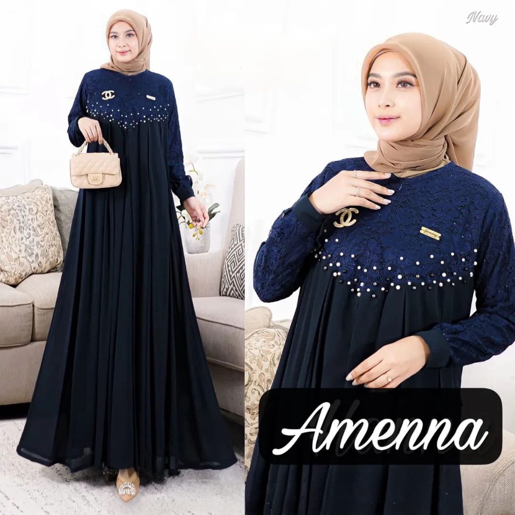 Baju Gamis Bordir Wanita Dewasa / Remaja Terbaru Amenna Dress Bahan Ceruty babydoll full Mix Brukat Aplikasi Mutiara /Baju Gamis Bordir  Size L, XL, LD 105,110, /Gamis Ceruty Premium /Gamis Menyusui Kekinian 2022/Gamis Viral