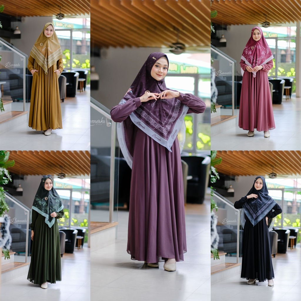 Gamis Ceruty babydoll set khimar motif terbaru Arawinda Maharani Anjani Jamilah zaskya mazaya ori bermerks syari terbaru