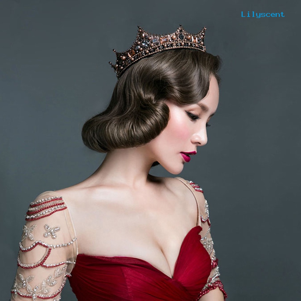 [LS]Retro Baroque Beaded Queen Tiara Crown Pernikahan Hiasan Kepala Bando Aksesoris Rambut